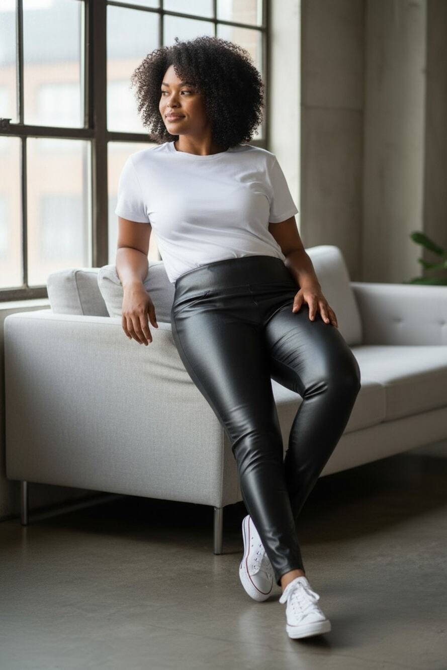 MR Basics 1X Black Faux Leather Look Leggings High Rise Stretch Plus Size